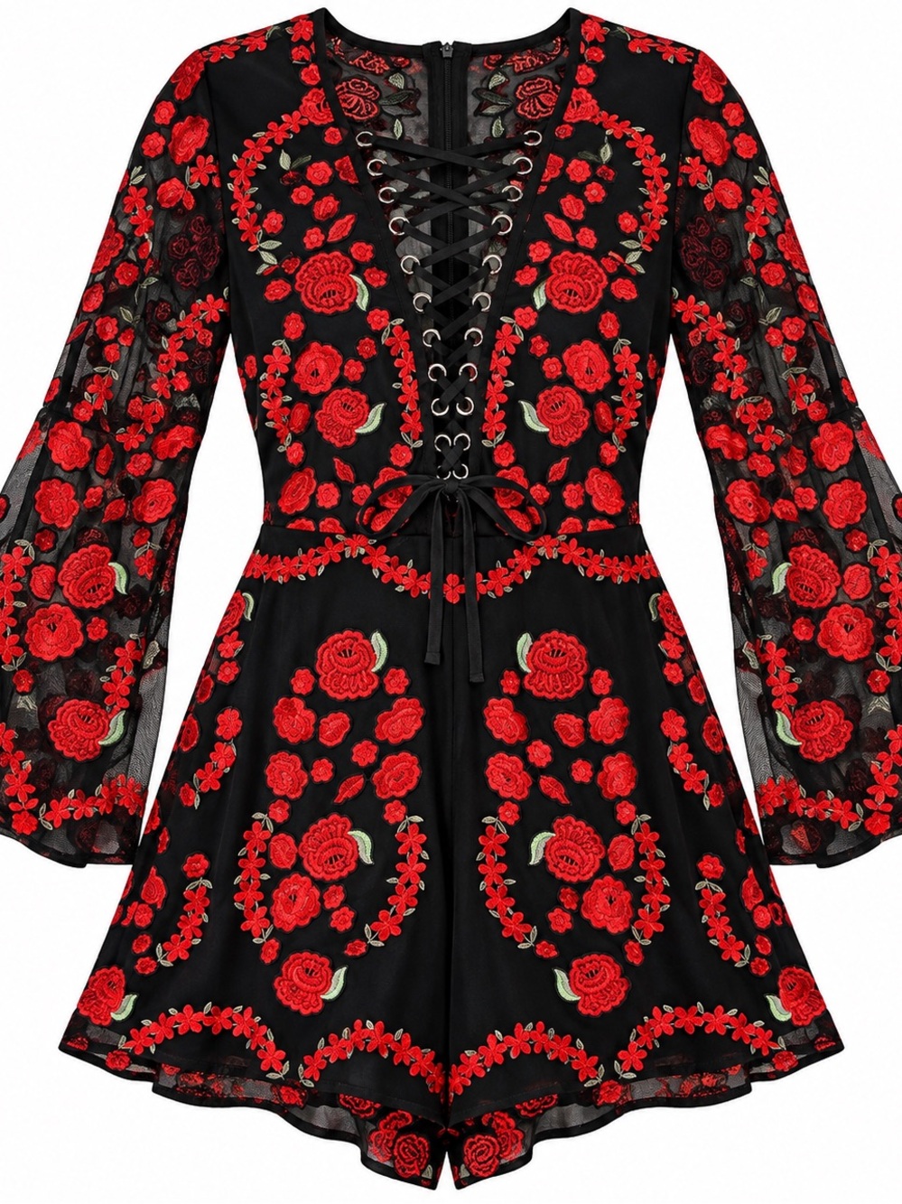Nasty Gal Black Romper with Red Rose Embroidery